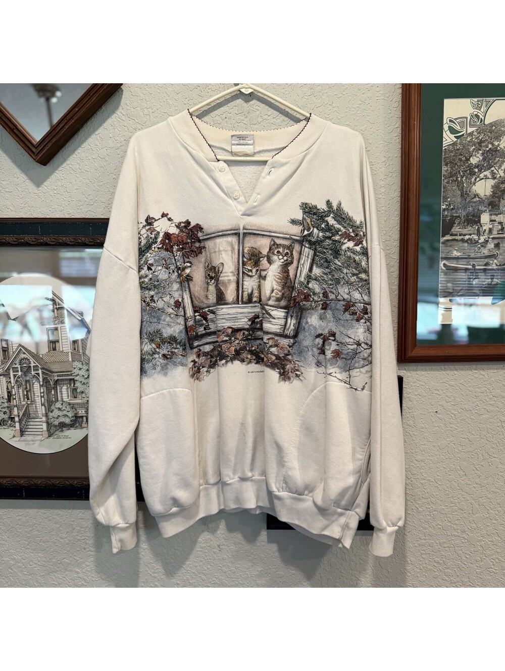 Vintage 90s Art Unlimited Wraparound Christmas Cats Sweatshirt White Retro 2XL